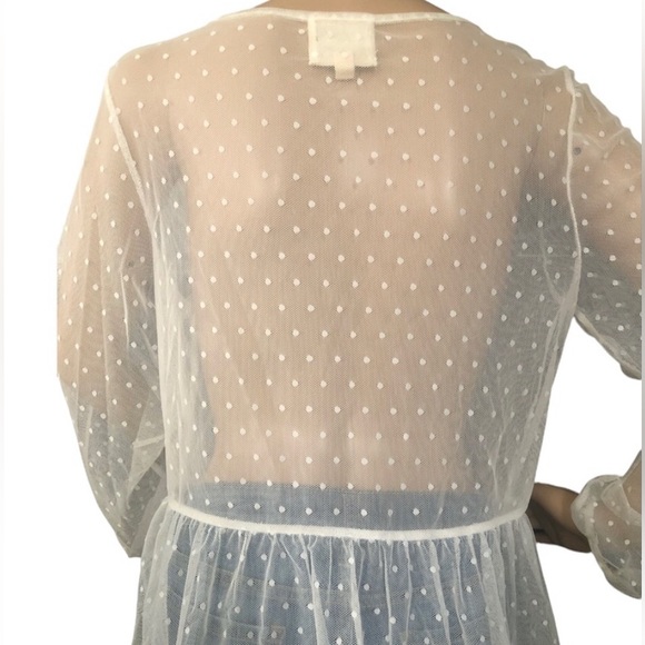 Mesh polka dot boho Flower vine appliqué off white long sleeve peplum top sz L - Picture 4 of 8